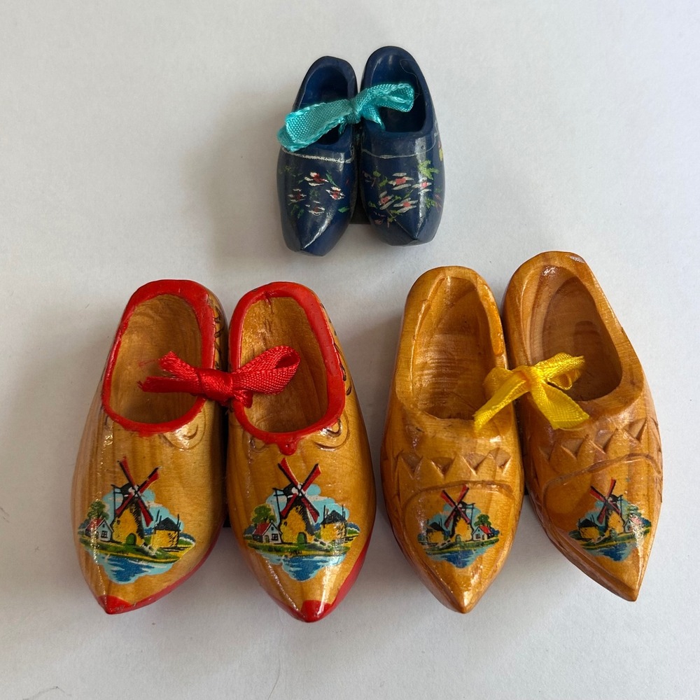 Vintage Dutch Wooden Clogs Refrigerator‎ Magnets Set of 3 Windmill Souvenir Art